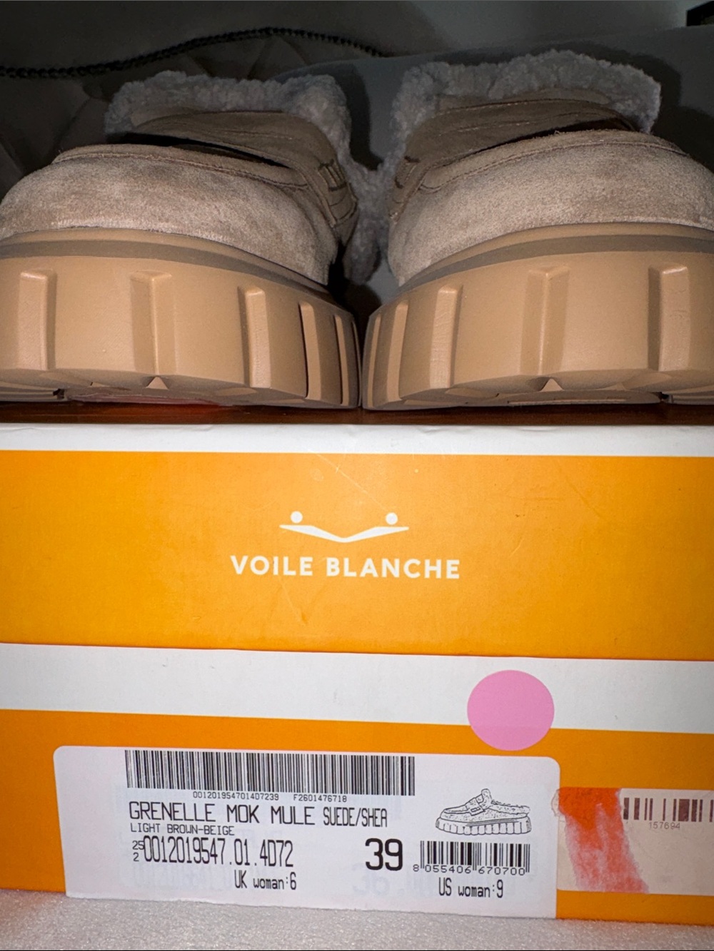 NWT VOILE BLANCHE Grenelle Genuine Shearling Platform Mule in Light Brown-Beige - Picture 10 of 16
